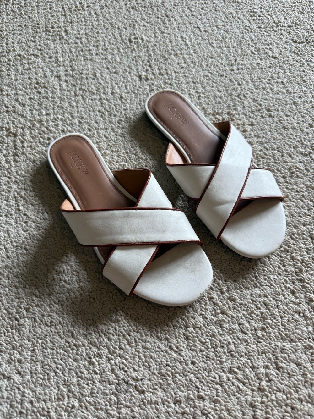 J. Crew White Slide Sandals with Brown Trim